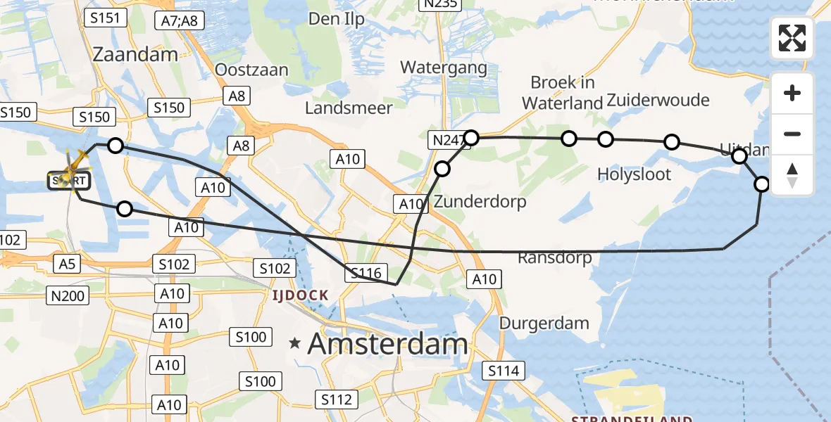 Vluchtroute Traumahelikopter van Amsterdam Heliport naar Amsterdam Heliport