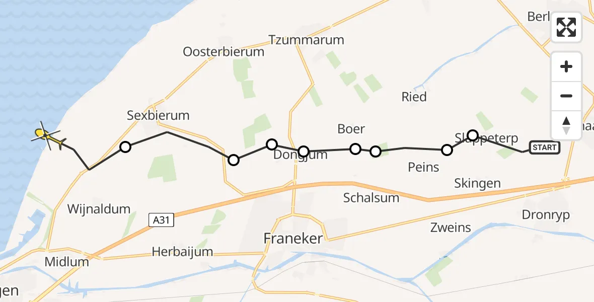 Routekaart van de vlucht: Ambulanceheli naar Pietersbierum, Slappeterpsterweg