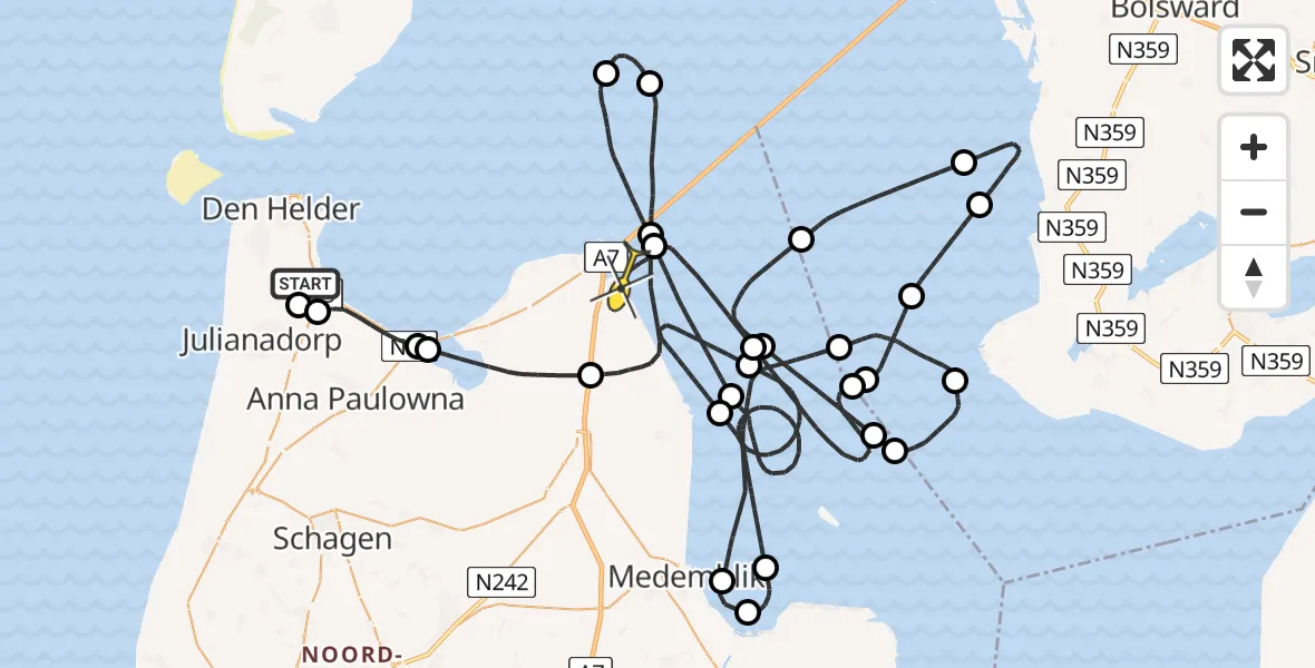 Routekaart van de vlucht: Kustwachthelikopter naar Wieringerwerf, Middenvliet