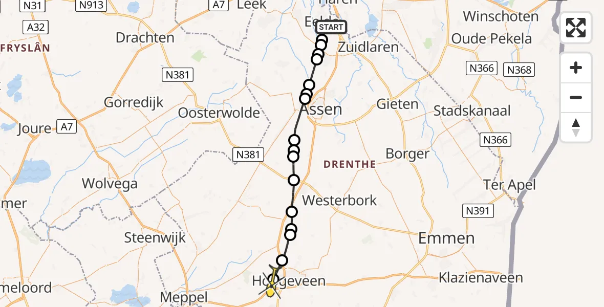 Routekaart van de vlucht: Traumaheli naar Hoogeveen, Lugtenbergerweg