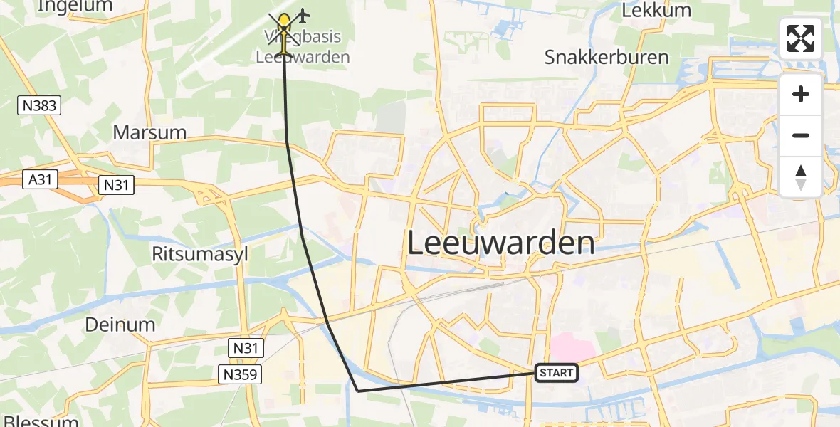 Routekaart van de vlucht: Ambulanceheli naar Vliegbasis Leeuwarden, Hendrik Algraweg