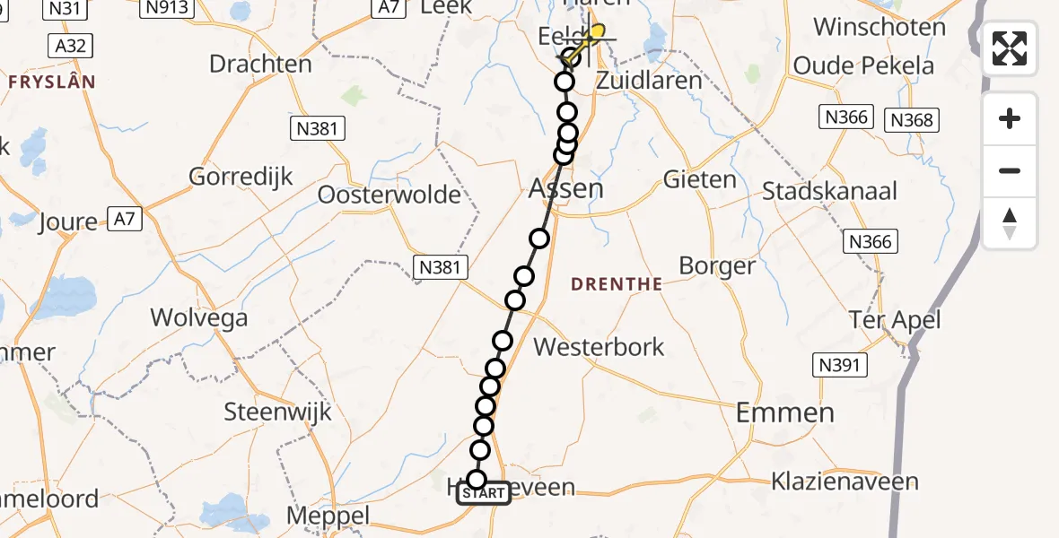 Routekaart van de vlucht: Traumaheli naar Groningen Airport Eelde, Vledderweg