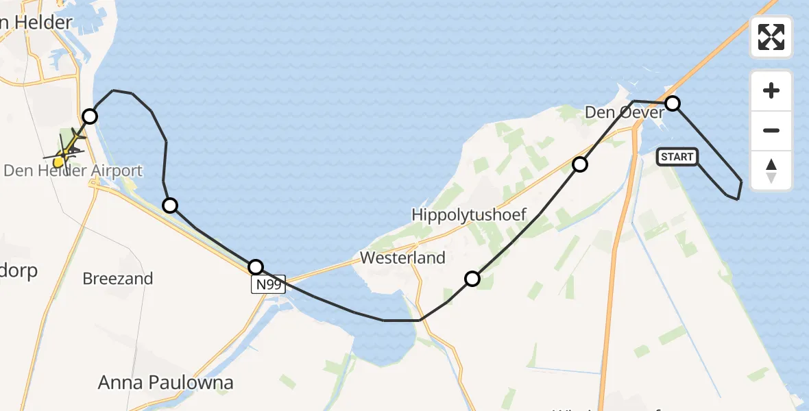 Routekaart van de vlucht: Kustwachthelikopter naar Vliegveld De Kooy, Noorderdijkweg