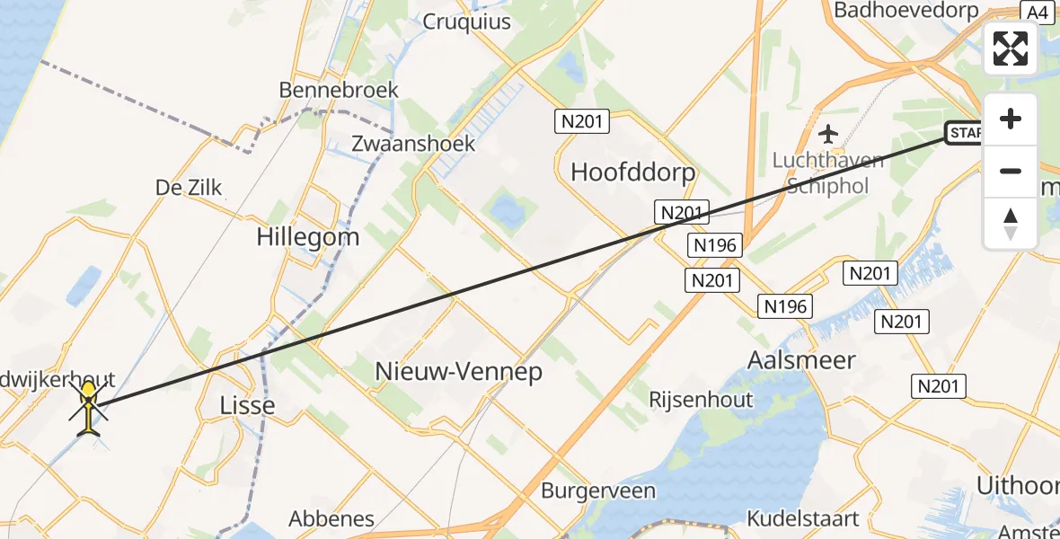 Routekaart van de vlucht: Politieheli naar Noordwijkerhout, Schippersvaartweg