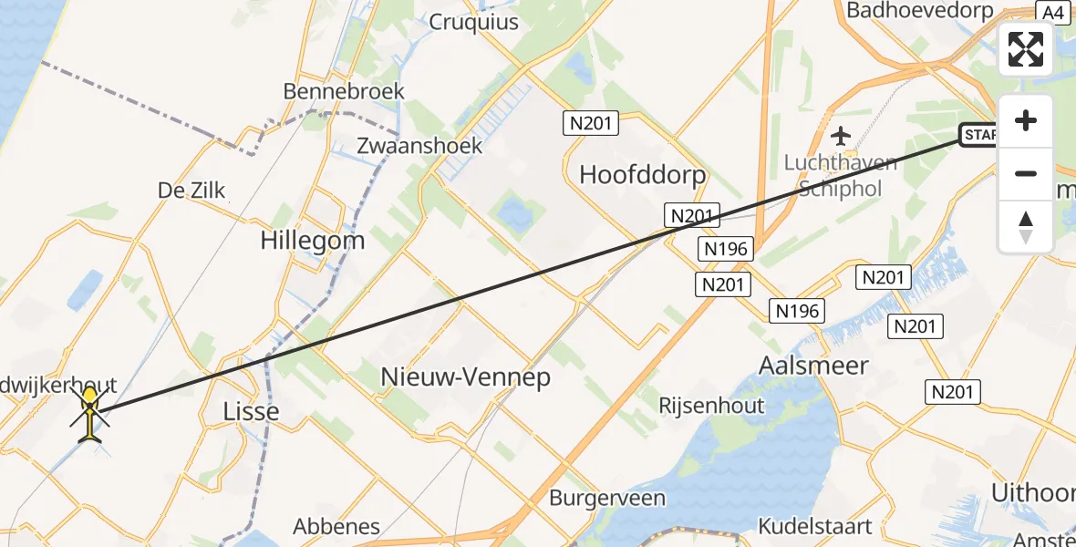 Routekaart van de vlucht: Politiehelikopter naar Noordwijkerhout, Schippersvaartweg