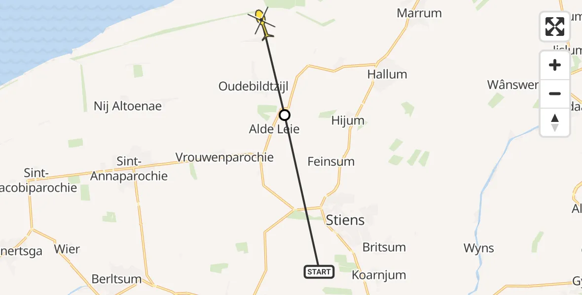 Routekaart van de vlucht: Ambulanceheli naar Hallum, Hijumer Feart