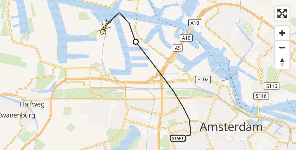 Routekaart van de vlucht: Lifeliner 1 naar Amsterdam Heliport, Willem de Zwijgerlaan