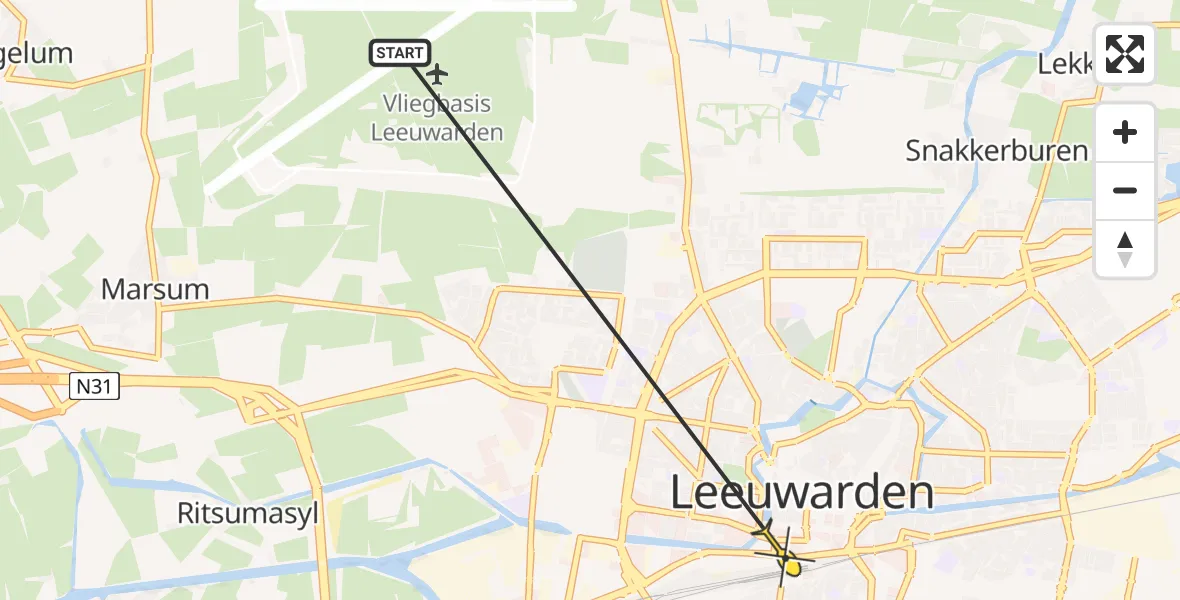 Vluchtroute Ambulancehelikopter van Vliegbasis Leeuwarden naar Leeuwarden