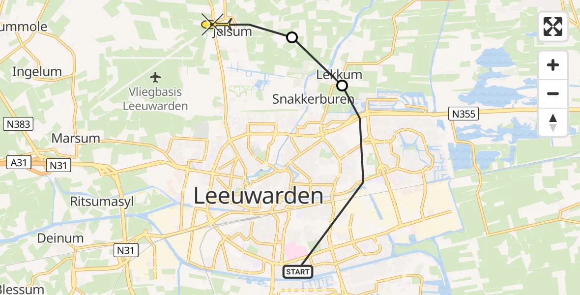 Vluchtroute Ambulancehelikopter van Leeuwarden naar Vliegbasis Leeuwarden