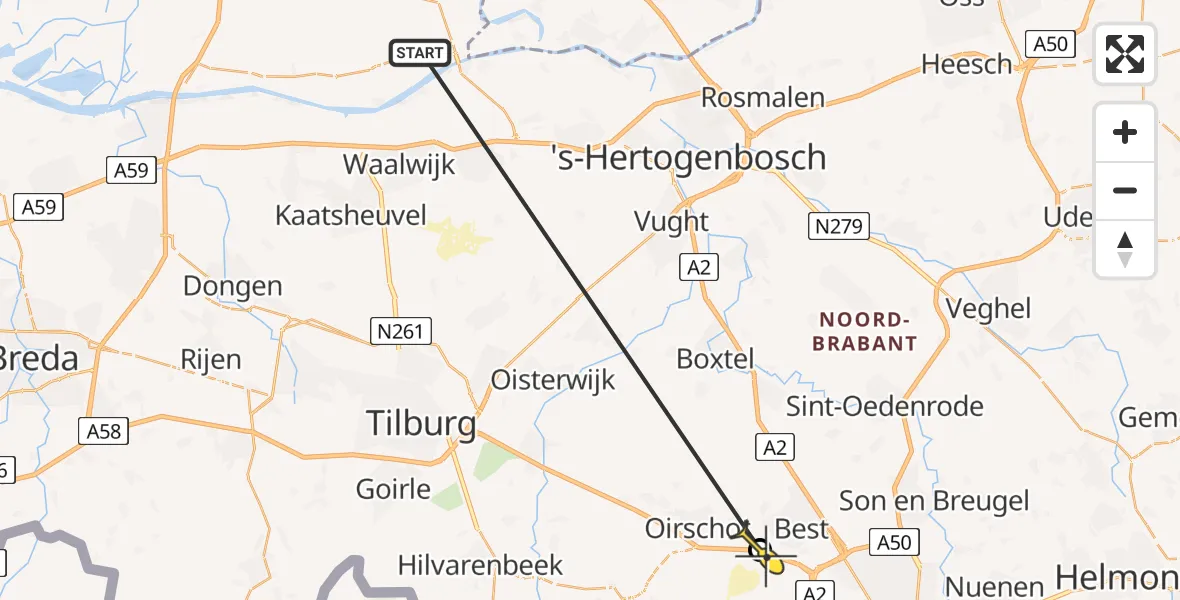 Routekaart van de vlucht: Traumahelikopter naar Oirschot, Rijksweg A58