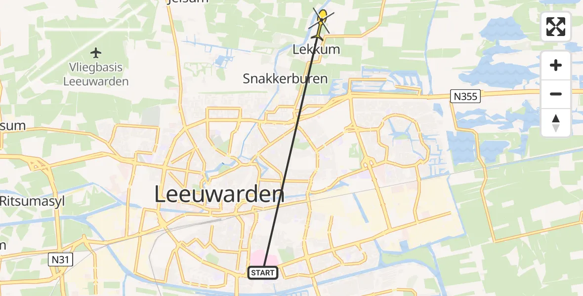Routekaart van de vlucht: Ambulanceheli naar Lekkum, Wynser Binnepaed