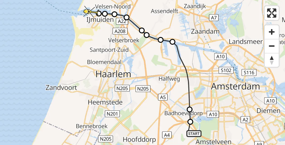 Routekaart van de vlucht: Politieheli naar IJmuiden Heliport, Loevesteinse Randweg