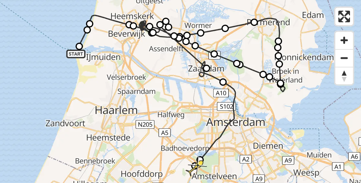 Routekaart van de vlucht: Politieheli naar Schiphol, Noordpier