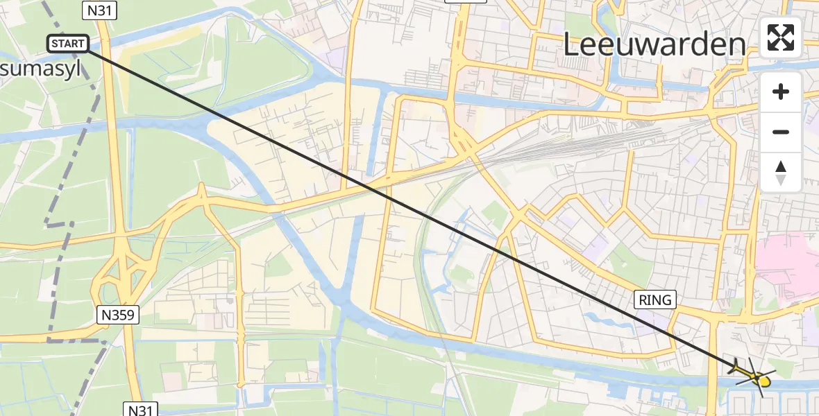 Vluchtroute Ambulancehelikopter van Leeuwarden naar Leeuwarden