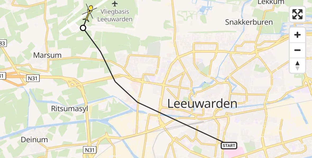 Routekaart van de vlucht: Ambulancehelikopter naar Vliegbasis Leeuwarden, Anne Wadmanwei