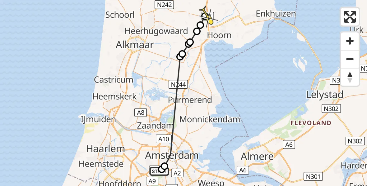 Routekaart van de vlucht: Politieheli naar Benningbroek, Stadionkade