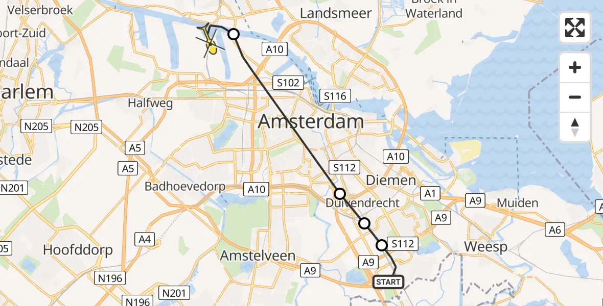 Routekaart van de vlucht: Lifeliner 1 naar Amsterdam Heliport, Opheusdenhof