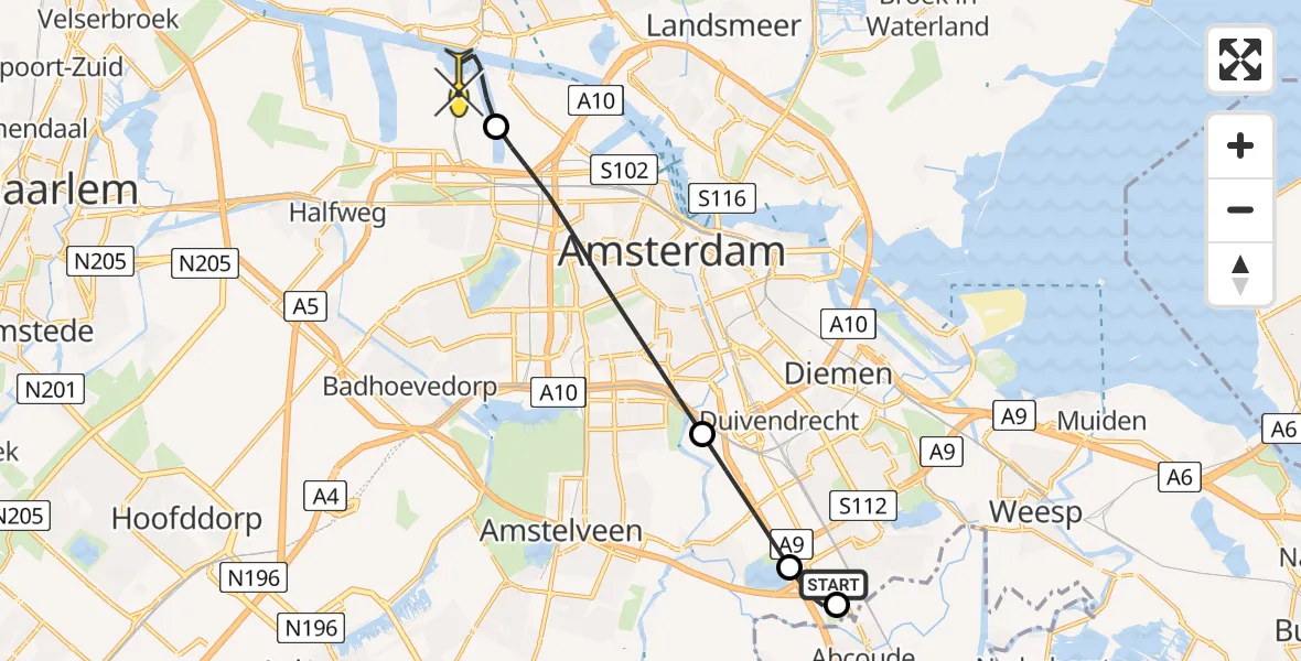 Routekaart van de vlucht: Lifeliner 1 naar Amsterdam Heliport, Golfbaanpad