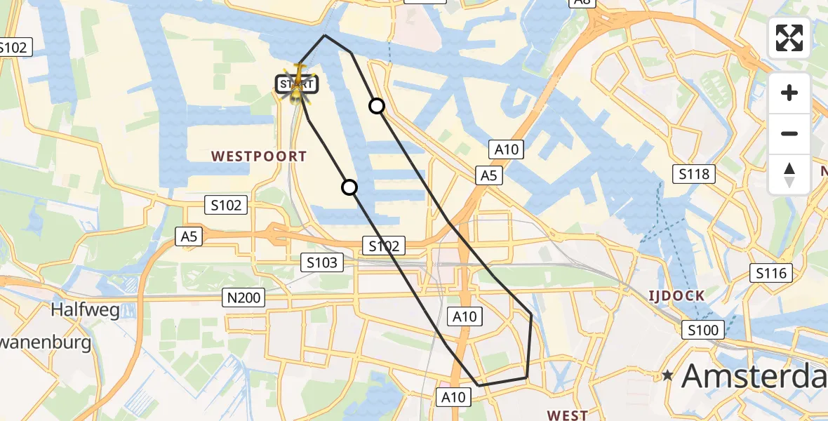 Vluchtroute Traumahelikopter van Amsterdam Heliport naar Amsterdam Heliport