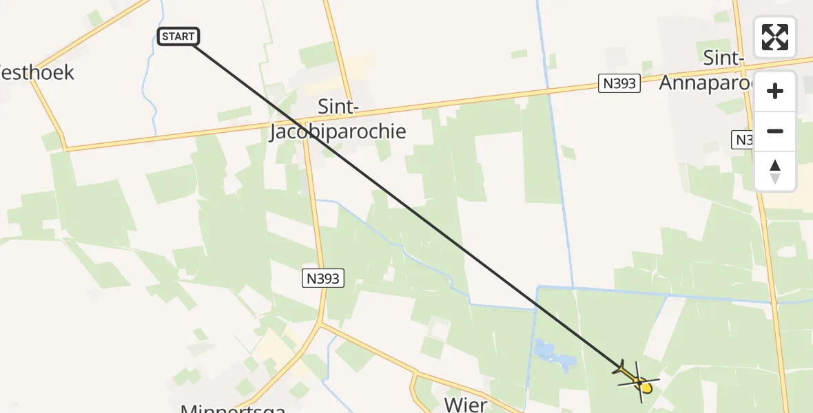 Routekaart van de vlucht: Ambulancehelikopter naar St.-Jacobiparochie, Luinsterweg