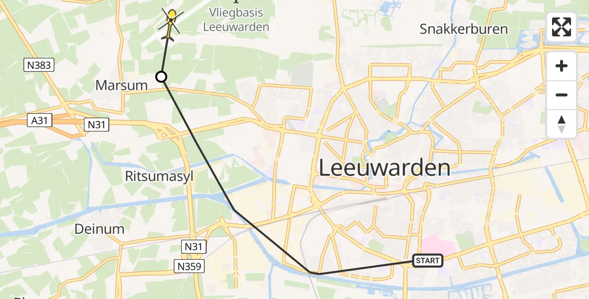 Vluchtroute Ambulancehelikopter van Leeuwarden naar Vliegbasis Leeuwarden