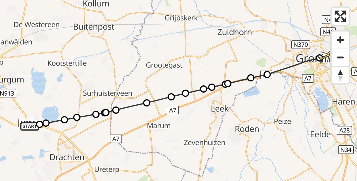 Routekaart van de vlucht: Lifeliner 4 naar Universitair Medisch Centrum Groningen, Wâldwei