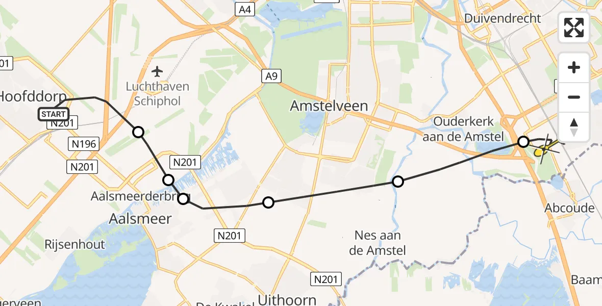 Routekaart van de vlucht: Lifeliner 1 naar Academisch Medisch Centrum (AMC), Rijnlanderweg