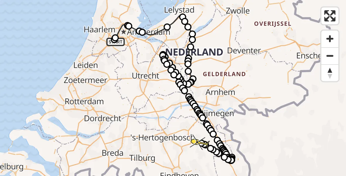 Vluchtroute Politiehelikopter van Schiphol naar Vliegbasis Volkel