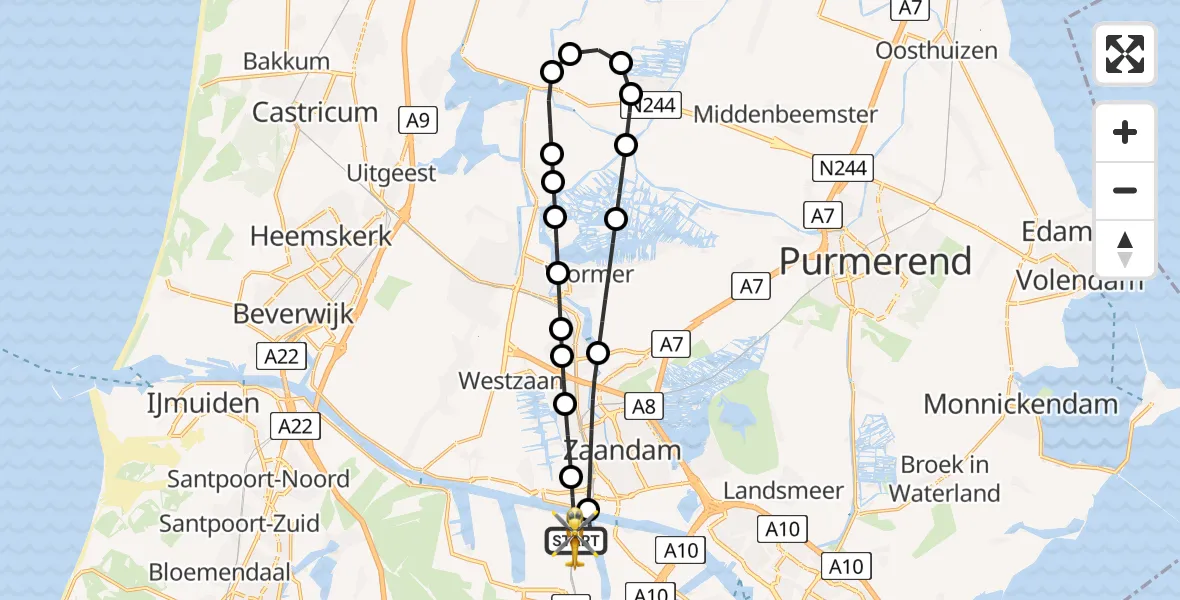 Vluchtroute Traumahelikopter van Amsterdam Heliport naar Amsterdam Heliport