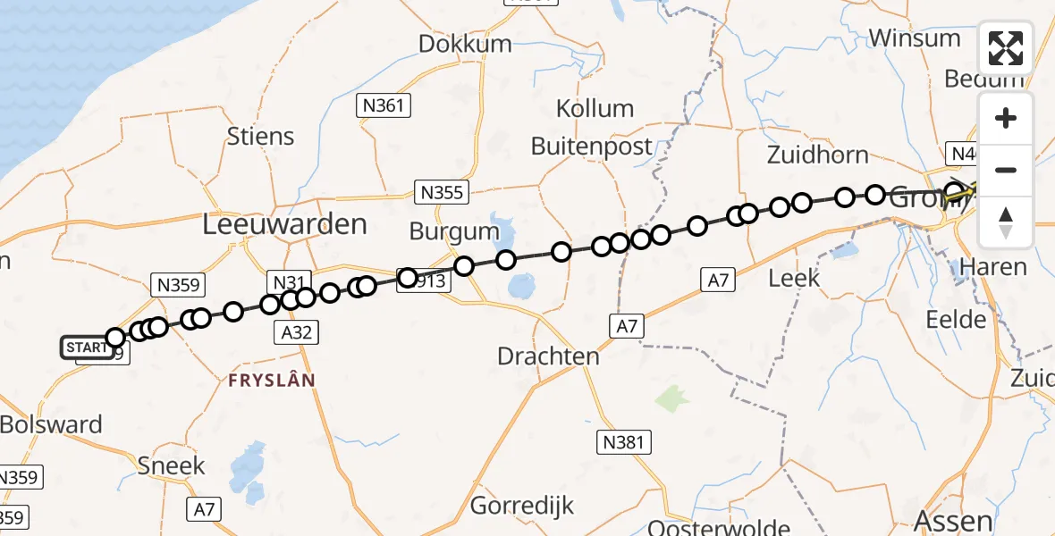 Routekaart van de vlucht: Lifeliner 4 naar Universitair Medisch Centrum Groningen, Westergoawei