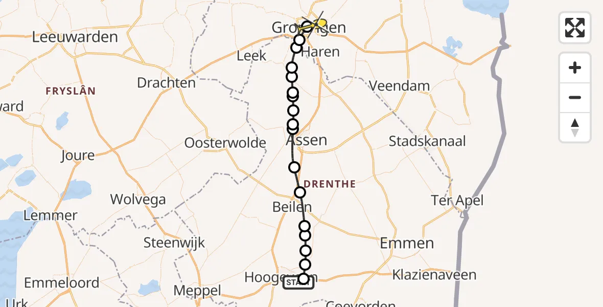 Routekaart van de vlucht: Lifeliner 4 naar Universitair Medisch Centrum Groningen, Carstenbosch