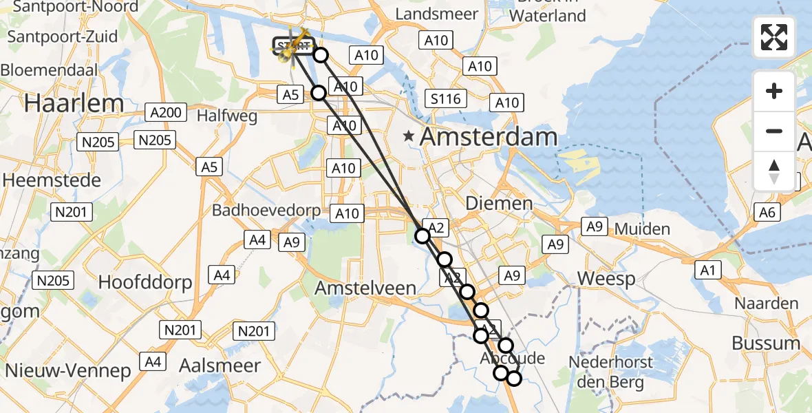 Vluchtroute Traumahelikopter van Amsterdam Heliport naar Amsterdam Heliport
