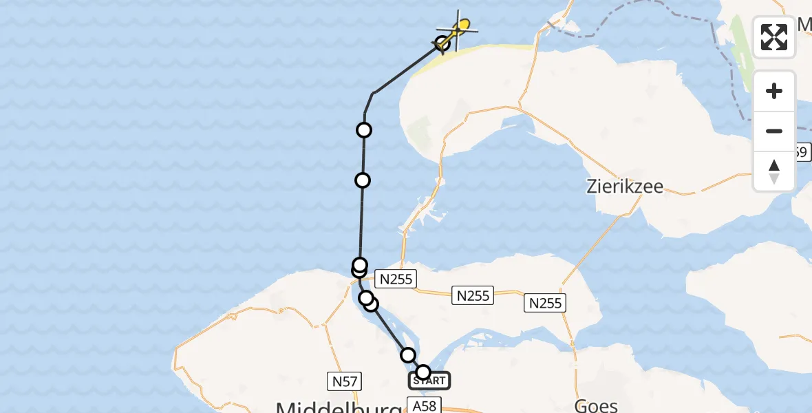 Routekaart van de vlucht: Kustwachthelikopter naar Renesse, Aardbeieneiland