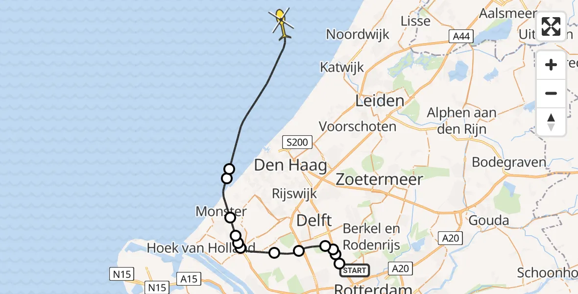 Routekaart van de vlucht: Kustwachthelikopter naar Parallelstraat Oostzijde