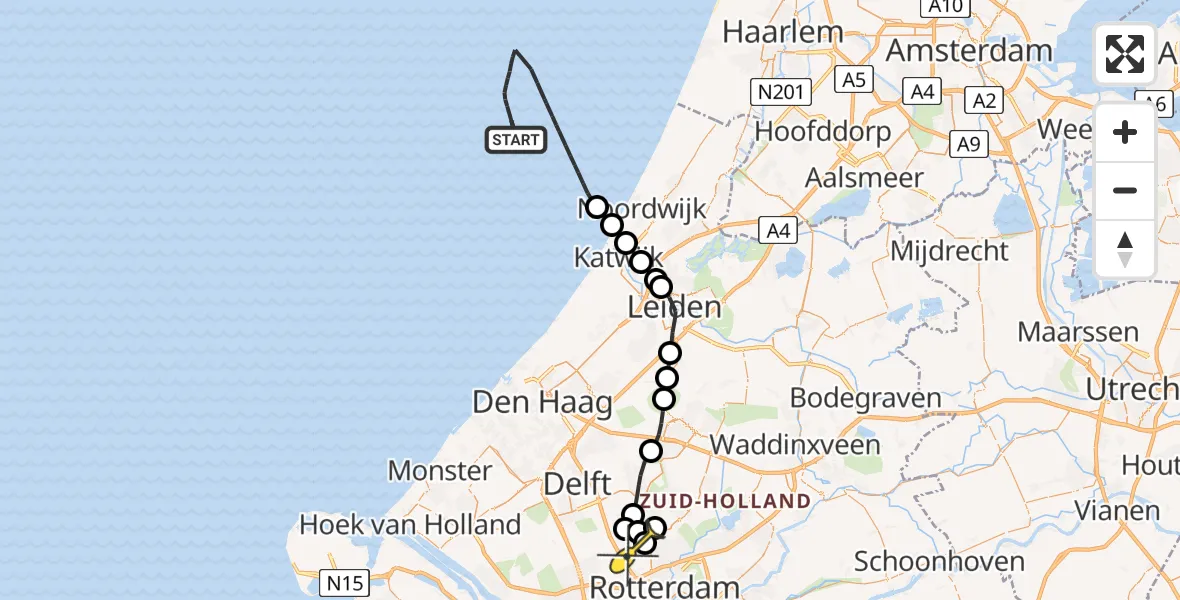 Routekaart van de vlucht: Kustwachthelikopter naar Rotterdam The Hague Airport, Otterdijk