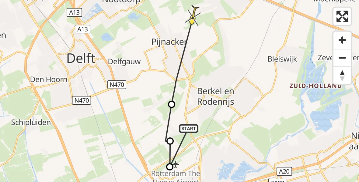 Routekaart van de vlucht: Kustwachthelikopter naar Pijnacker, Oude Bovendijk
