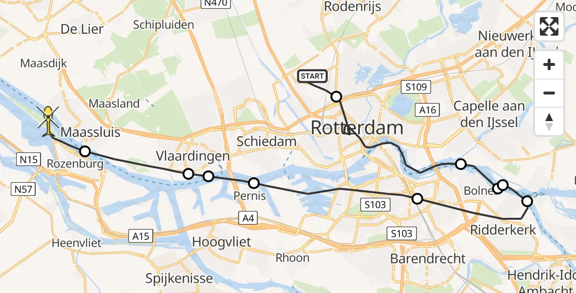 Routekaart van de vlucht: Politiehelikopter naar Rozenburg, Van der Duijn van Maasdamweg