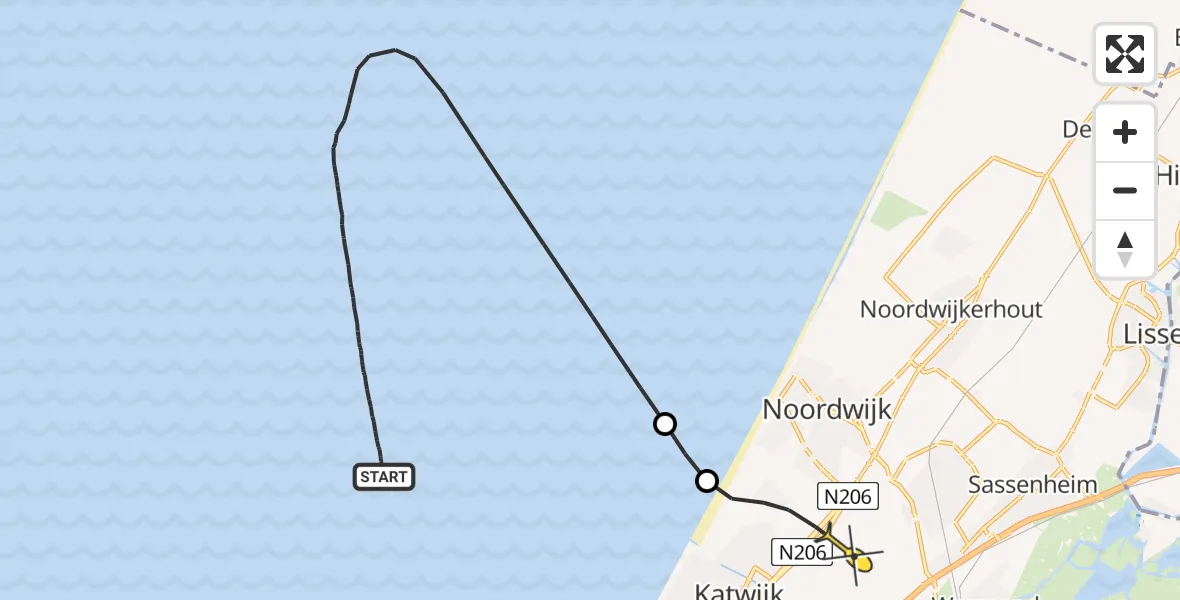 Routekaart van de vlucht: Kustwachthelikopter naar Rijnsburg