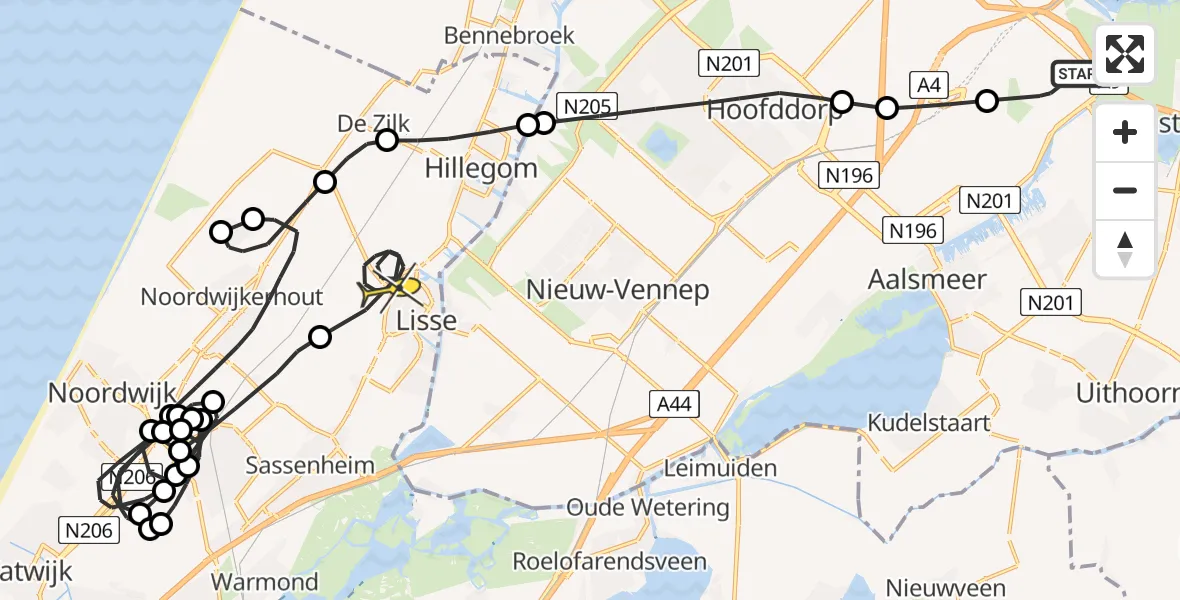 Routekaart van de vlucht: Politieheli naar Lisse, Amsterdam-Bataviaweg
