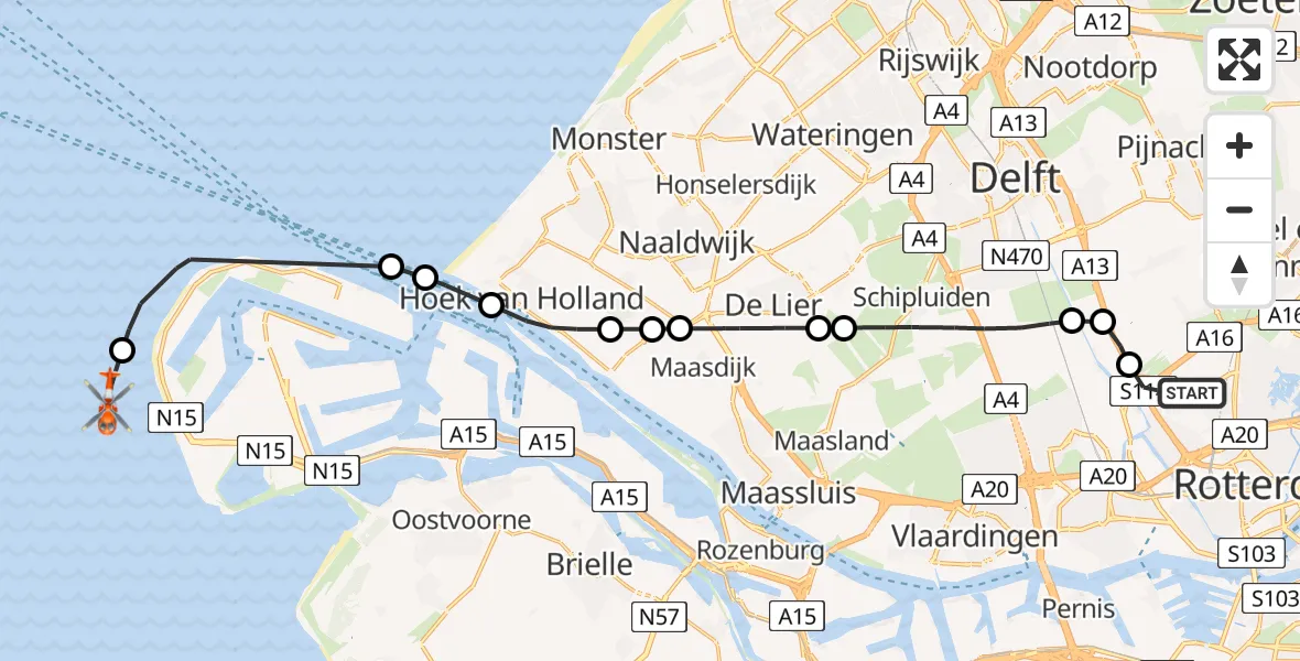 Vluchtroute Kustwachthelikopter Rotterdam The Hague Airport - , 15 mei 2024, 14:00
