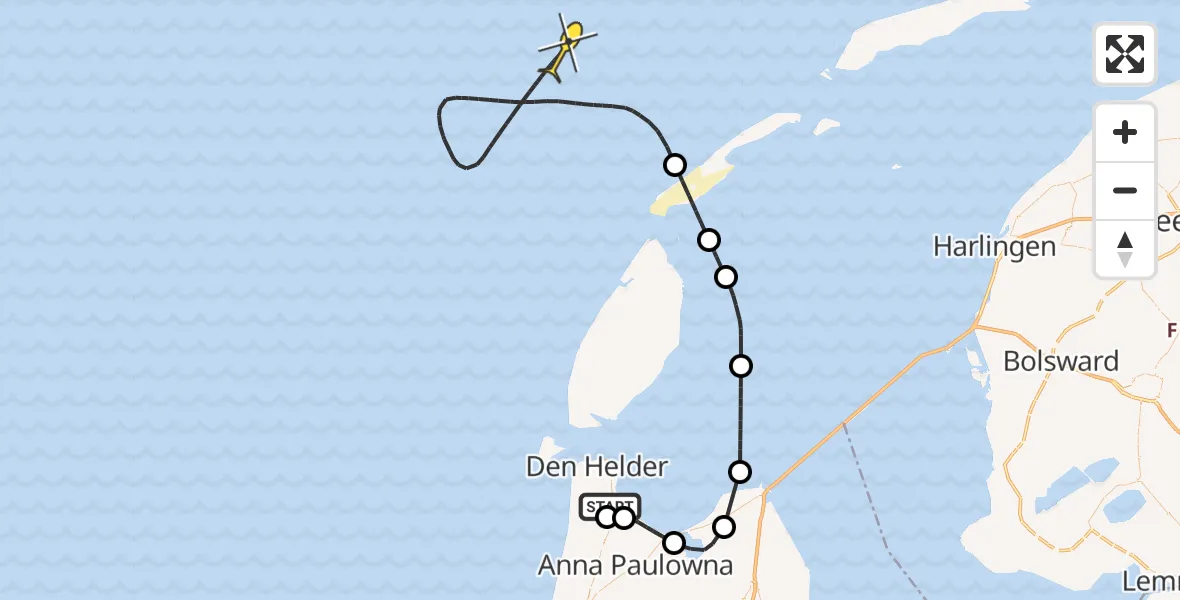 Vluchtroute Kustwachthelikopter van Vliegveld De Kooy naar 