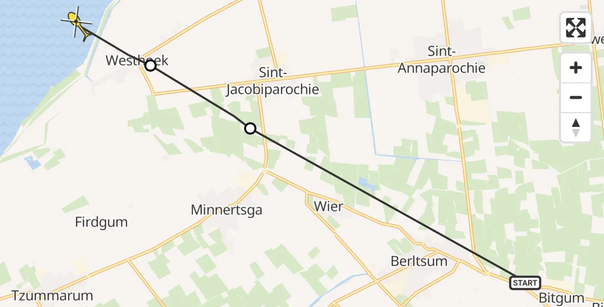 Routekaart van de vlucht: Ambulancehelikopter naar St.-Annaparochie, Zuiderweg