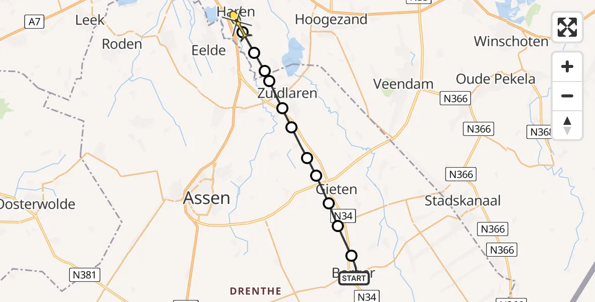 Routekaart van de vlucht: Lifeliner 4 naar Haren, Veldakkers