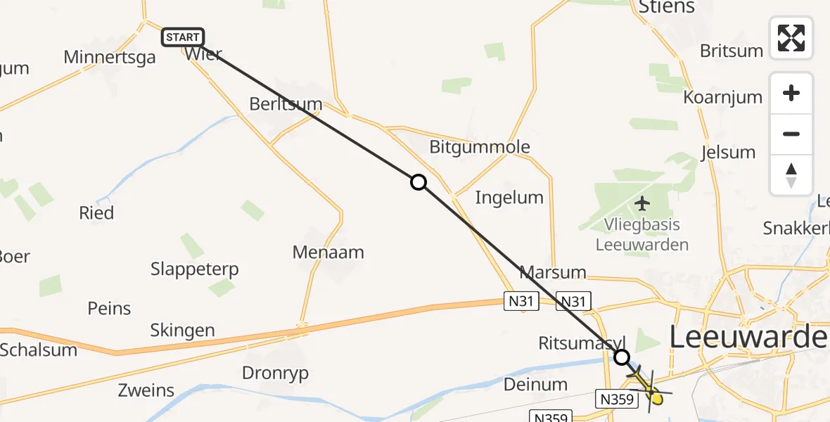 Routekaart van de vlucht: Ambulanceheli naar Leeuwarden, Bitgumerdyk