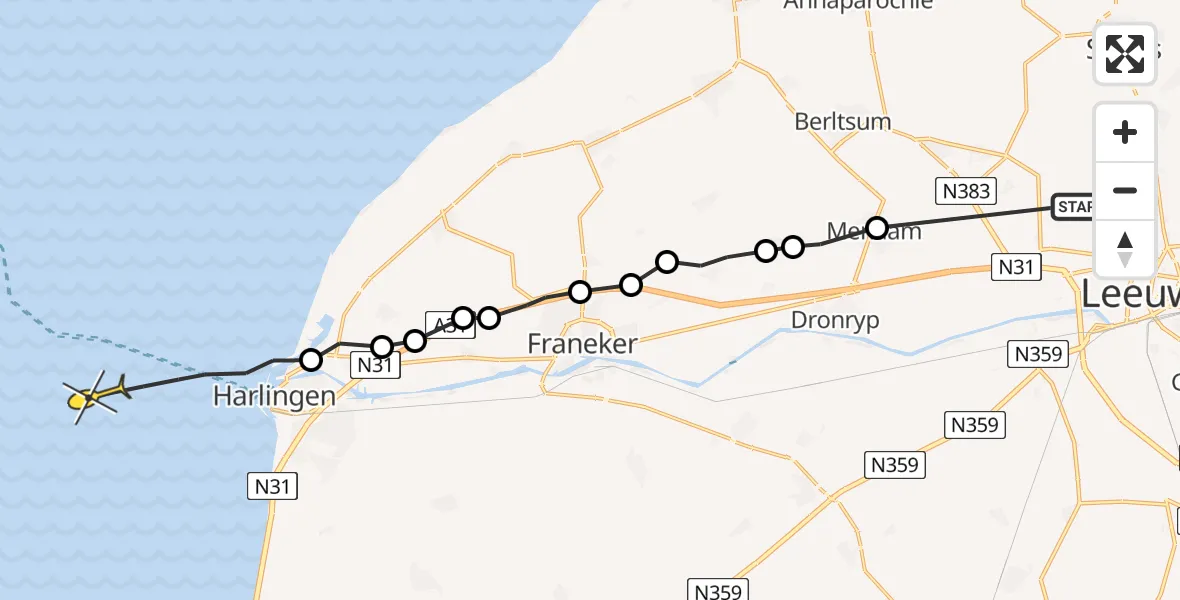 Routekaart van de vlucht: Ambulanceheli naar Harlingen, Skilpaed