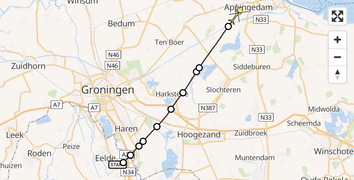 Routekaart van de vlucht: Lifeliner 4 naar Appingedam, Burgemeester J.G. Legroweg