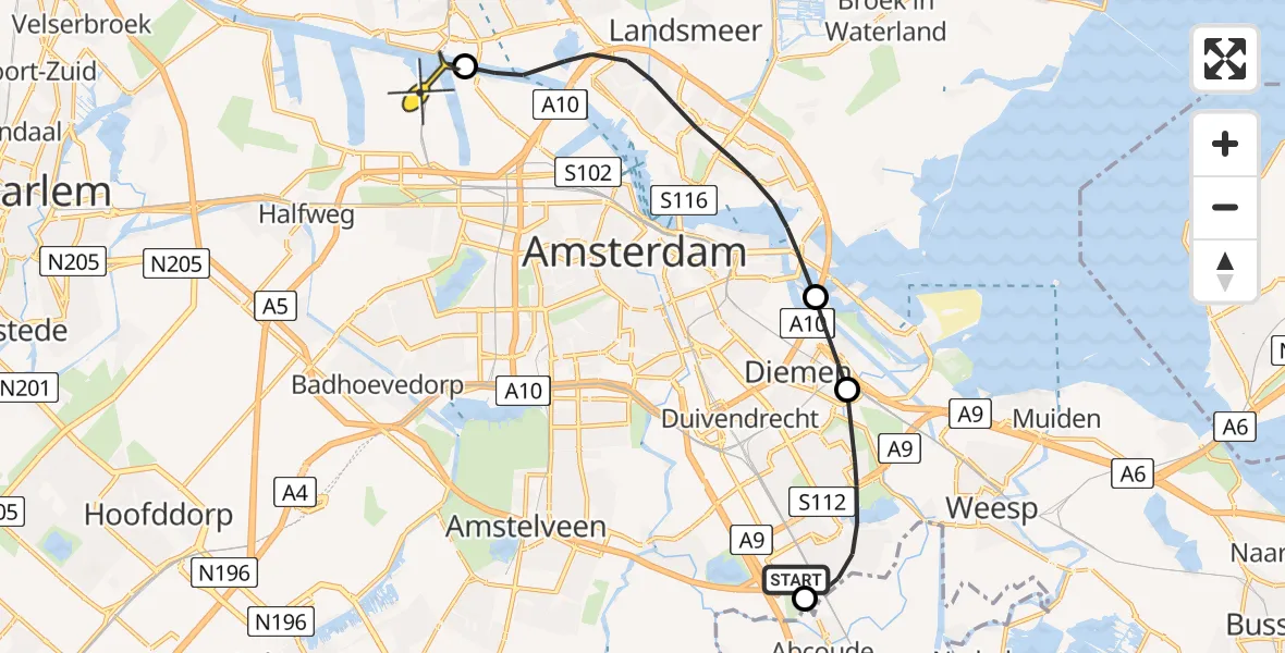 Routekaart van de vlucht: Lifeliner 1 naar Amsterdam Heliport, Ruwelspad