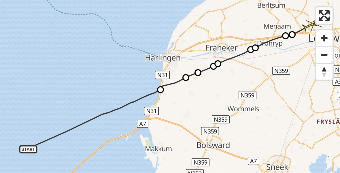 Routekaart van de vlucht: Ambulanceheli naar Leeuwarden, Sasker van Heringawei