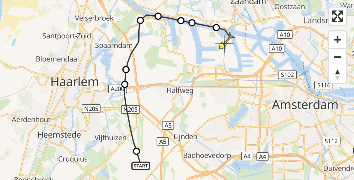 Routekaart van de vlucht: Lifeliner 1 naar Amsterdam Heliport, IJweg