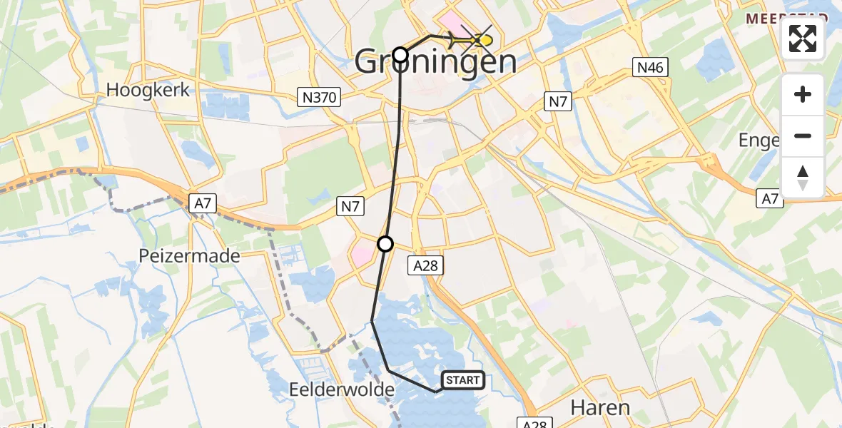 Routekaart van de vlucht: Lifeliner 4 naar Universitair Medisch Centrum Groningen, Neerwold